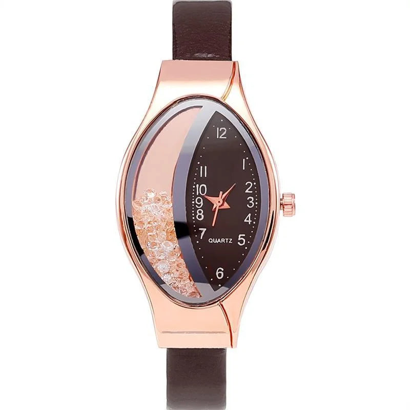 Crystal Oval Dial Leather Watch