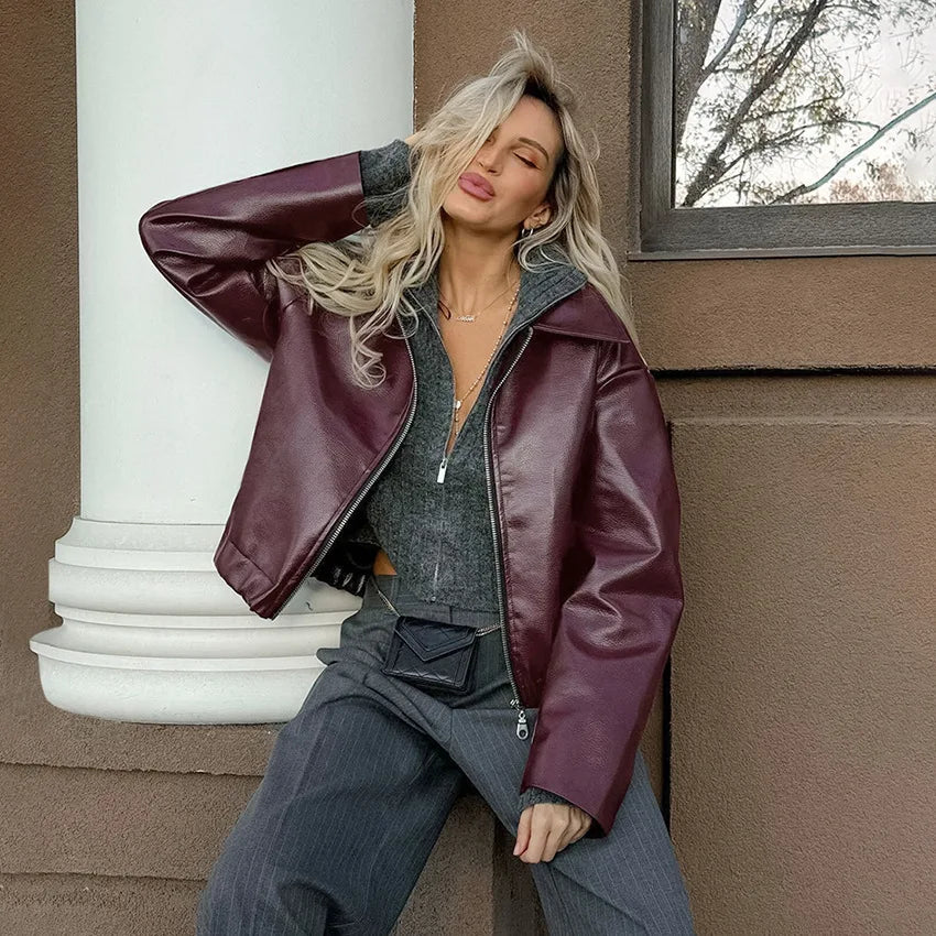 Burgundy Bomber Cropped Jacket