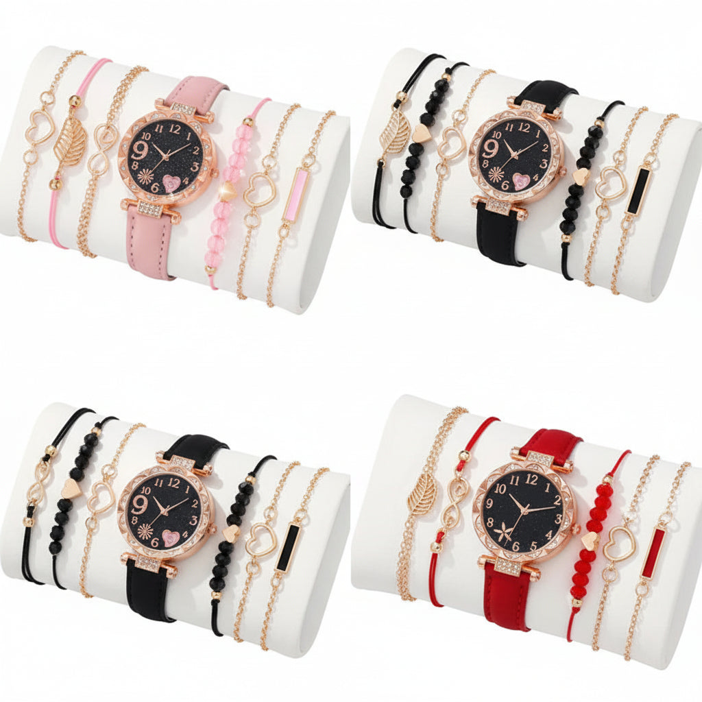 Women's Leather Quartz Watch & Bracelet Set (6pcs)