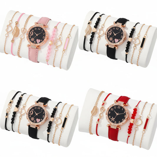 Women's Leather Quartz Watch & Bracelet Set (6pcs)