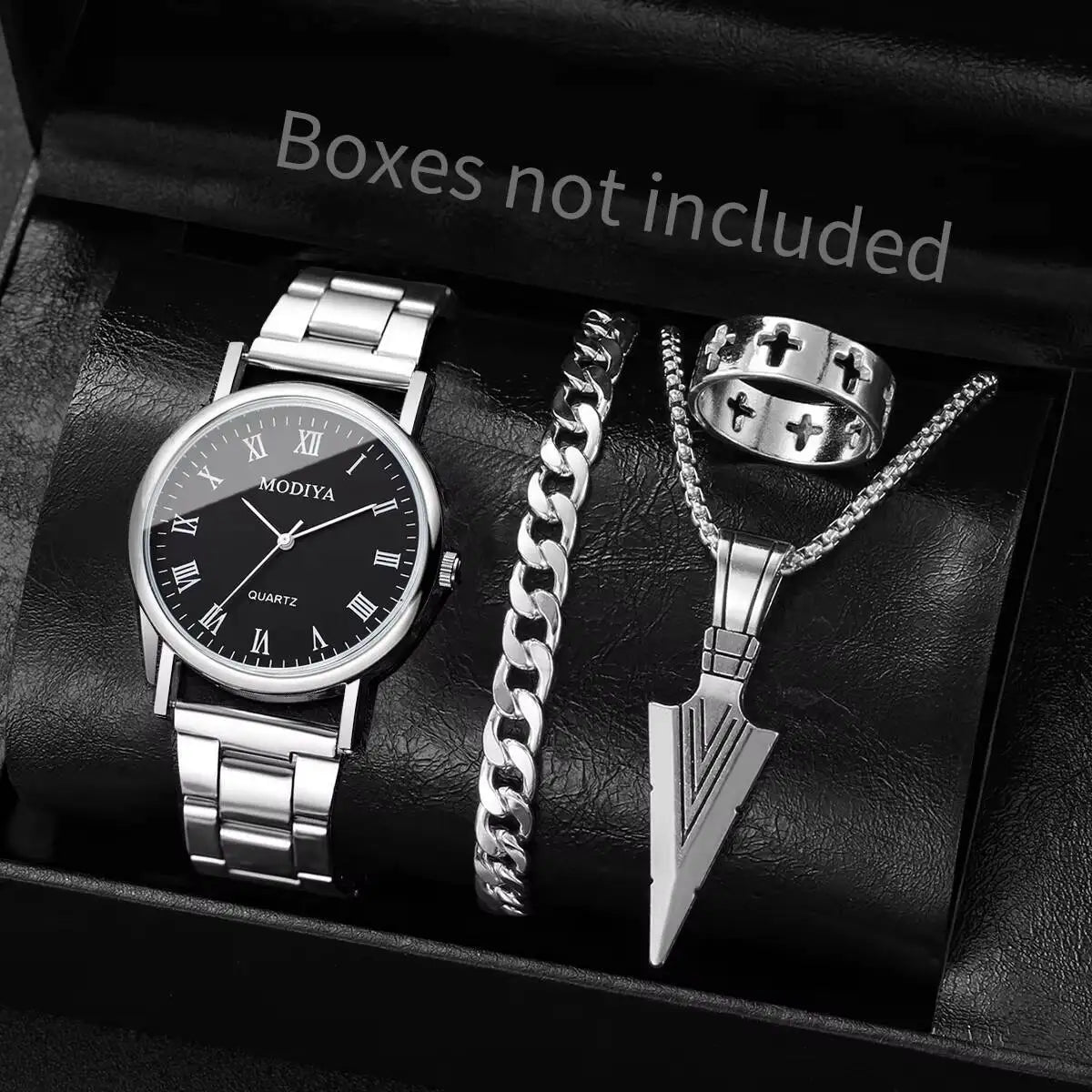 Men's Roman Dial Watch & Jewelry Set (4pcs)