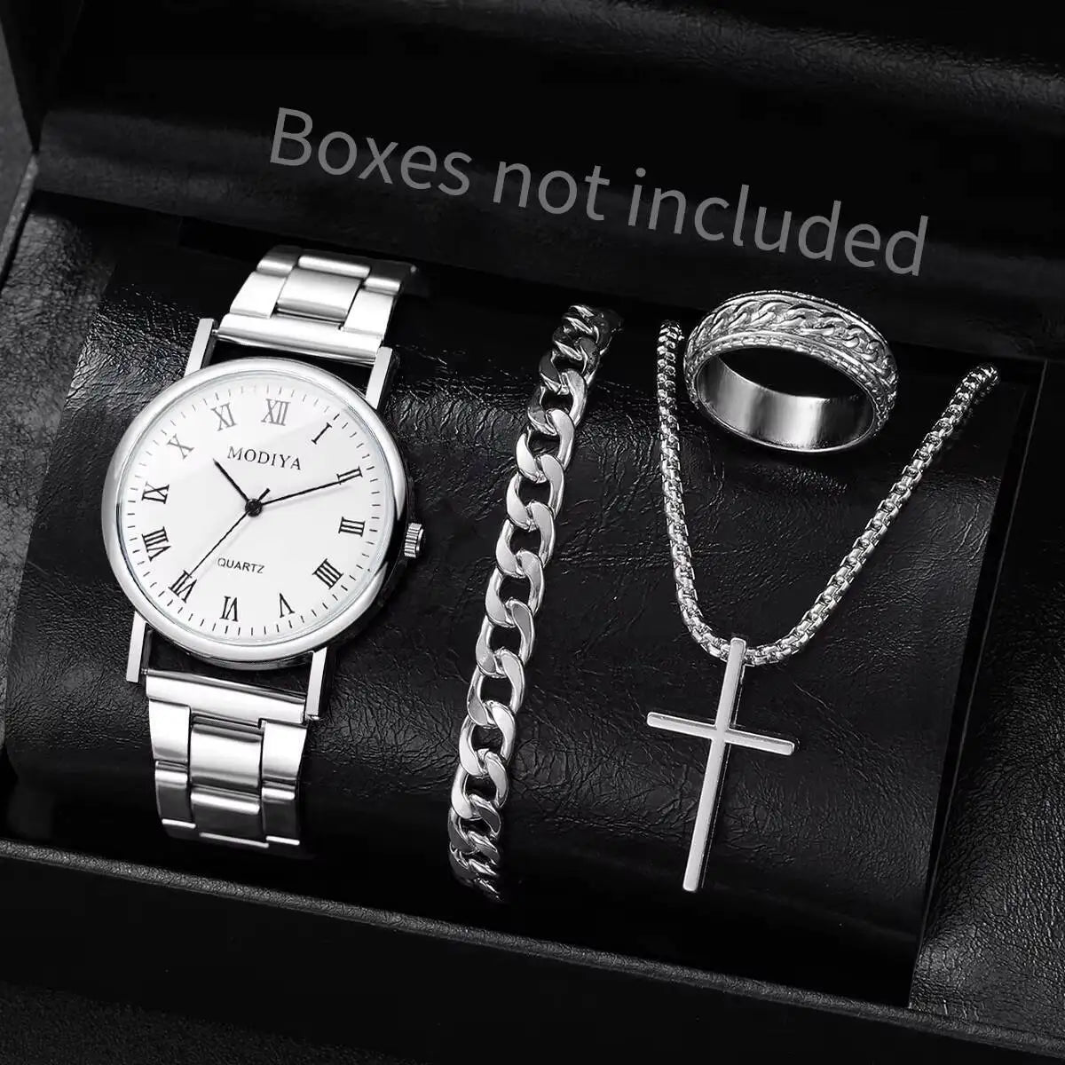 Men's Roman Dial Watch & Jewelry Set (4pcs)