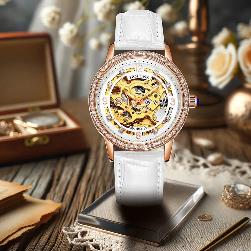Women's Rose PU Leather Mechanical Watch