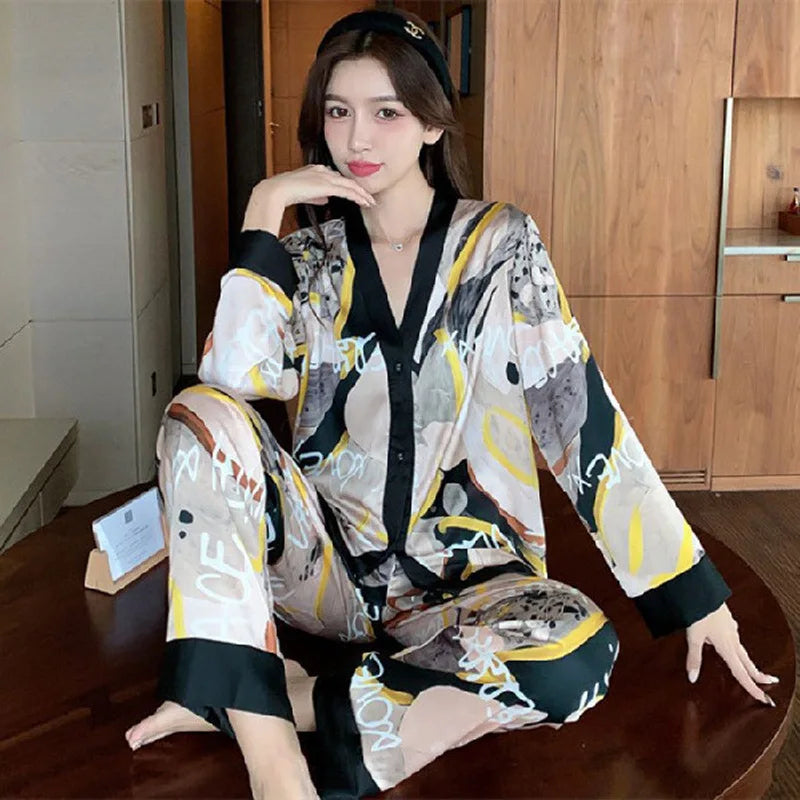Women's Silk Print Cardigan Pajama Set
