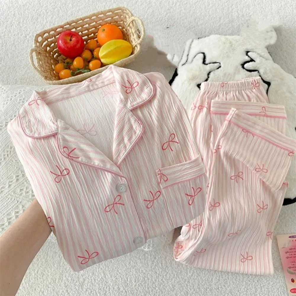 Women's Stripe Bow Korean Pajama Set