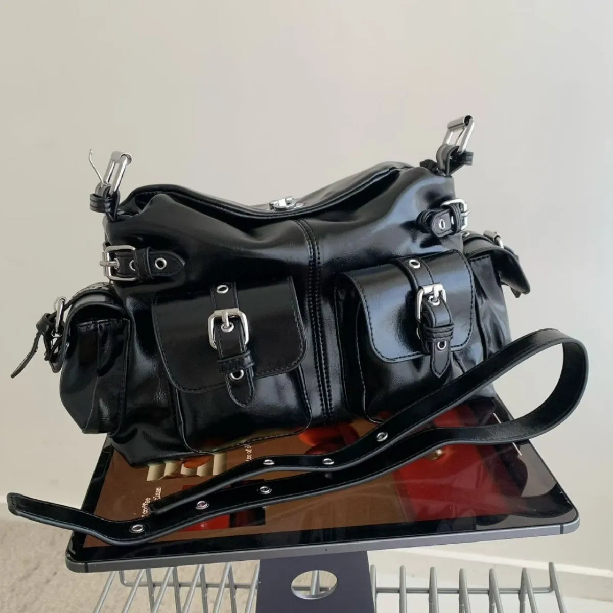Women's Moto Style Multi-Pocket Armpit Tote