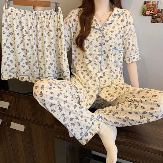 Women's Floral Milk Silk 3-Piece Pajama Set