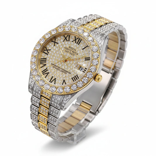 Men's Gold Diamond Rhinestone Quartz Watch