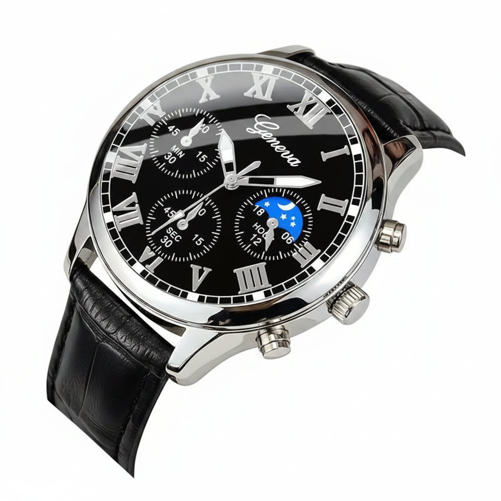 Men's PU Leather Quartz Watch & Bracelet Set