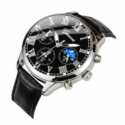 Men's PU Leather Quartz Watch & Bracelet Set