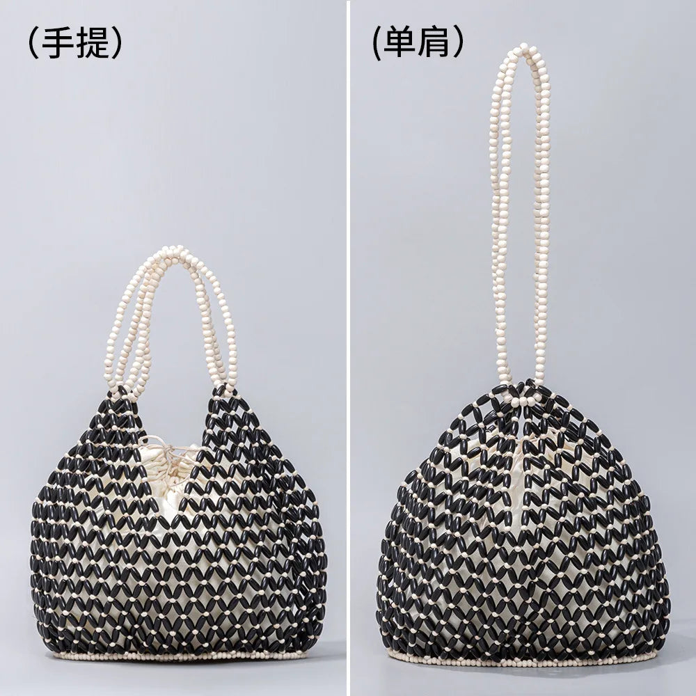 Women's Wooden Bead Bucket Shoulder Bag