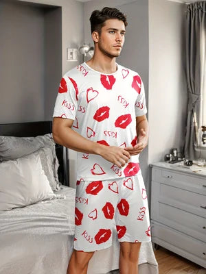 Men's Heart Print Summer Pajama Set