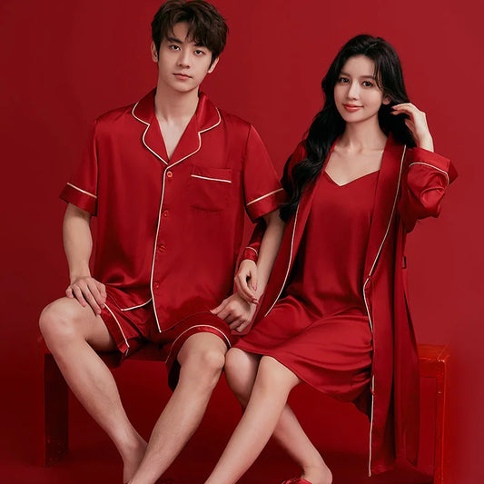 Couple Red Satin Sleepwear Set
