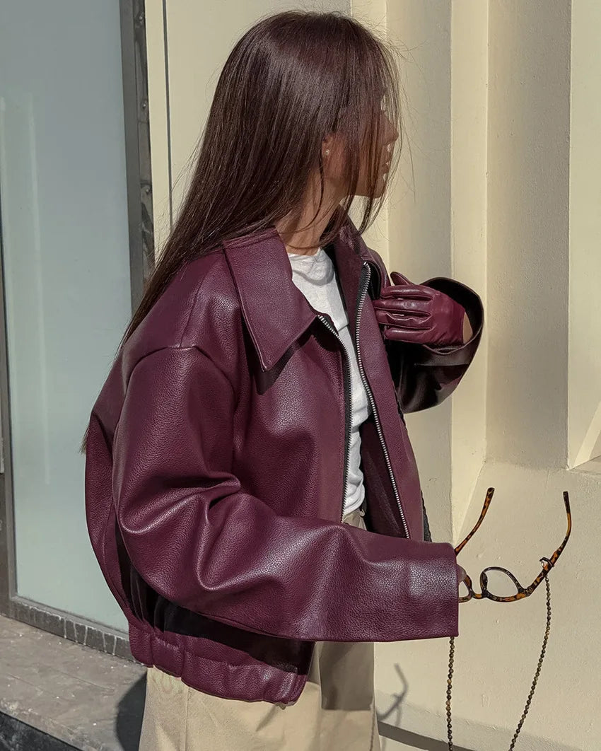 Wine Red Faux Leather Jacket