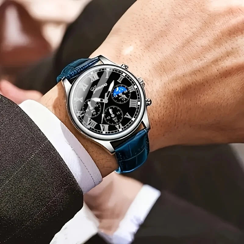 Men's PU Leather Quartz Watch & Bracelet Set