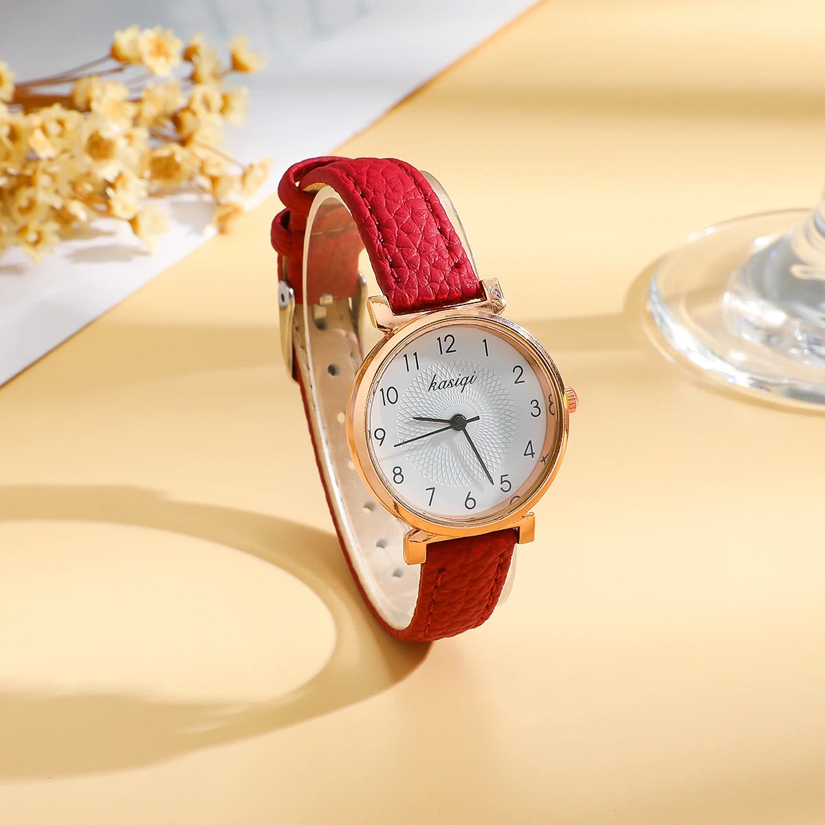 Women's Red Leather Gold Quartz Watch