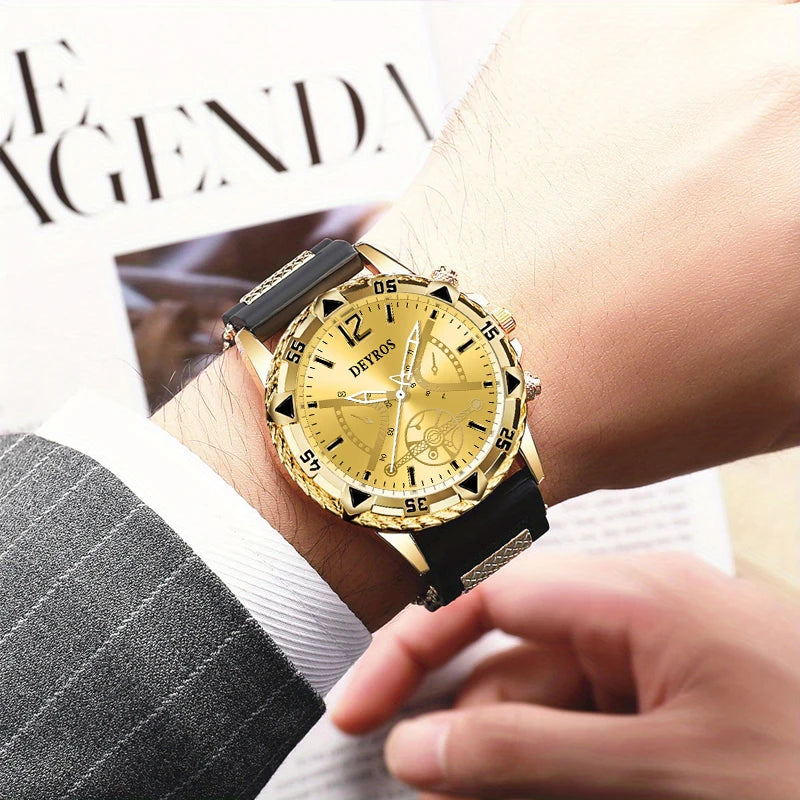 Men's Quartz Watch Set with Silicone Strap (2pcs)