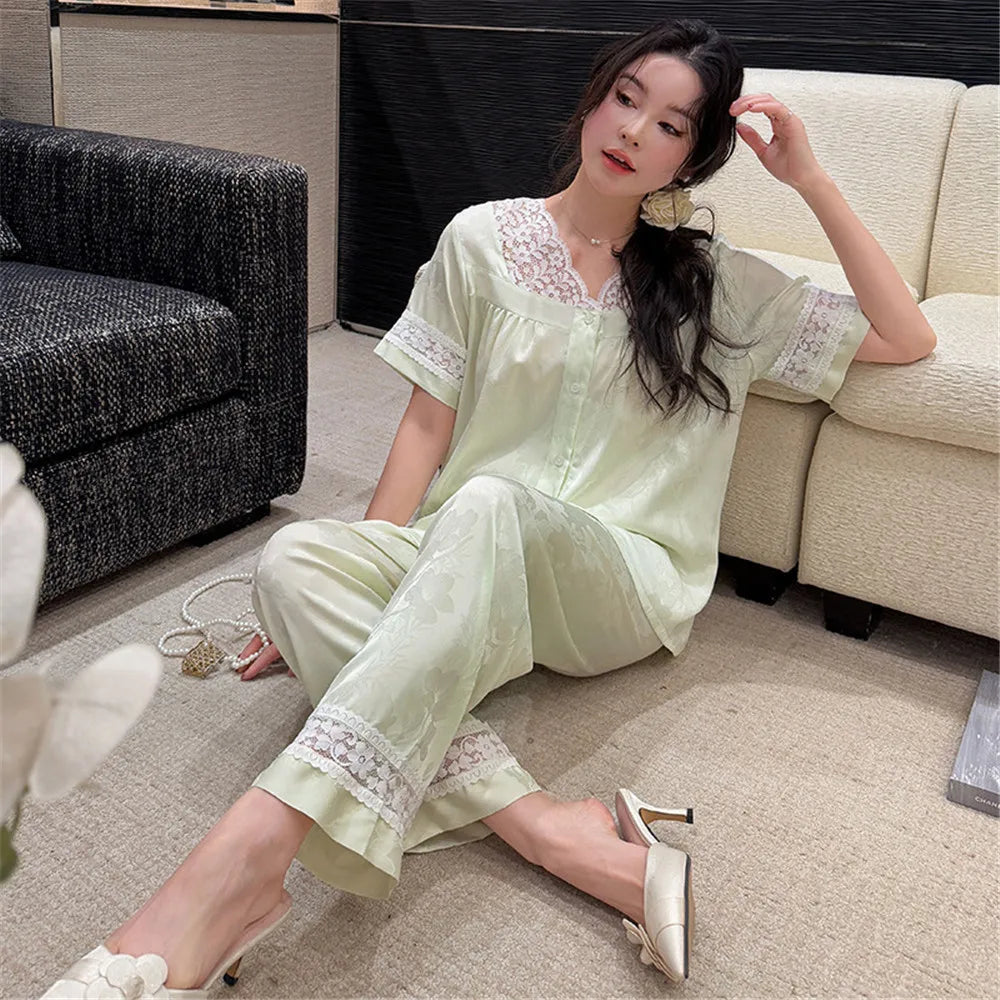 Lace V-Neck Satin Women Pajama Set