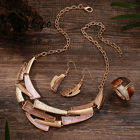 Women's Vintage Gold Necklace Earring Ring Set