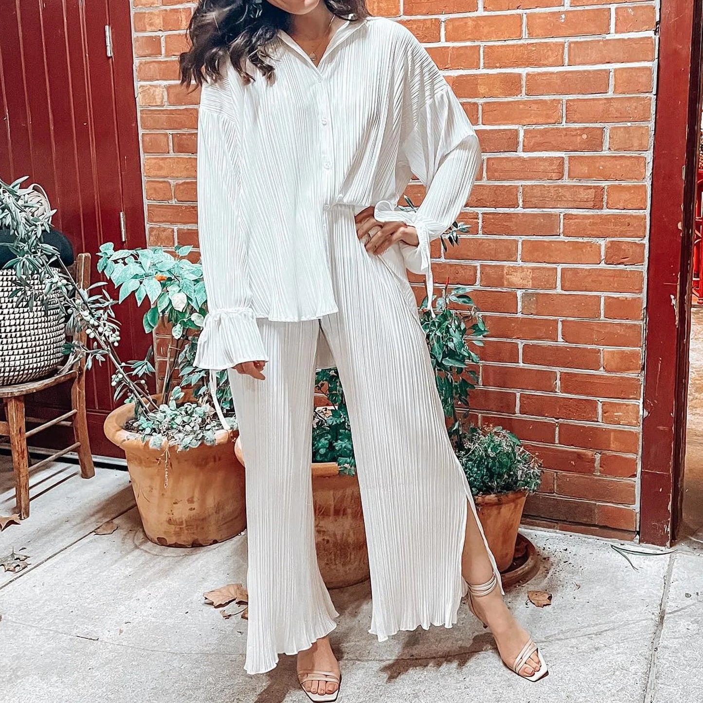 Women's Pleated Lapel Wide Pants Pajama Set