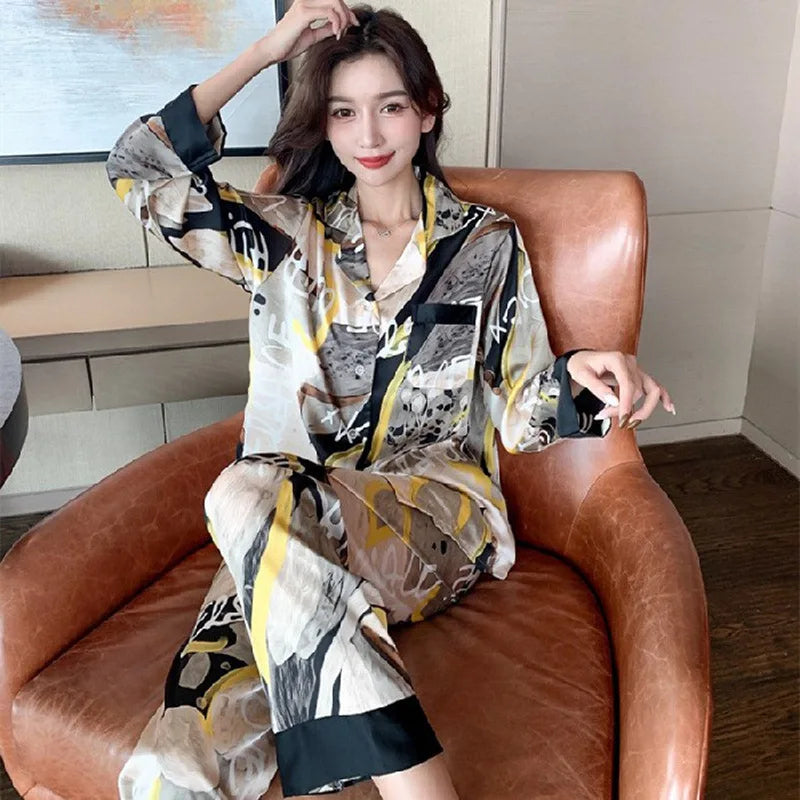 Women's Silk Print Cardigan Pajama Set