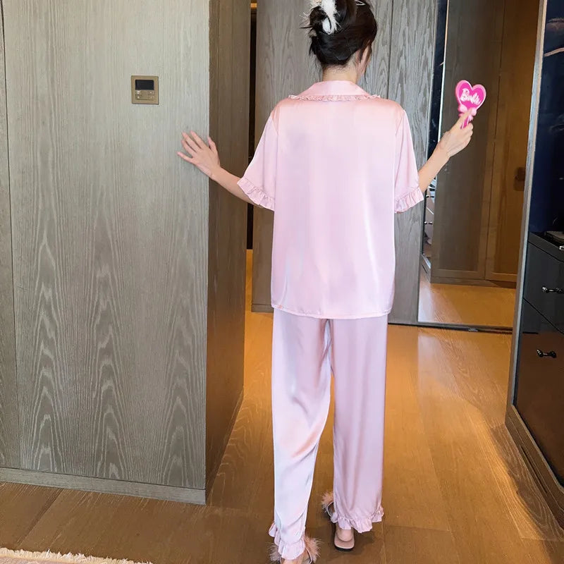 Women's Satin Ruffle Lapel Pajama Set