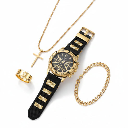 Men's Arabic Dial Quartz Watch Set with Necklace (4pcs)
