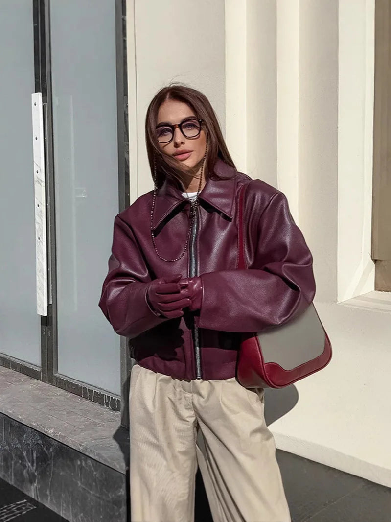 Burgundy Bomber Cropped Jacket