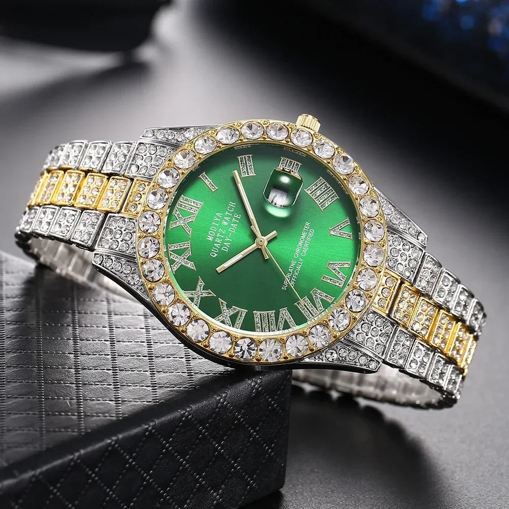 Men's Gold Diamond Rhinestone Quartz Watch
