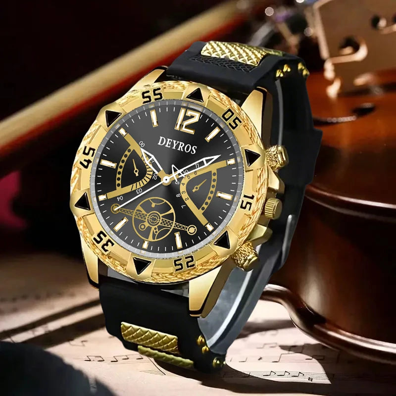 Men's Quartz Watch Set with Silicone Strap (2pcs)