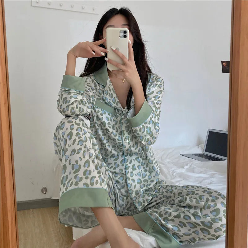 Women's Silk Print Cardigan Pajama Set