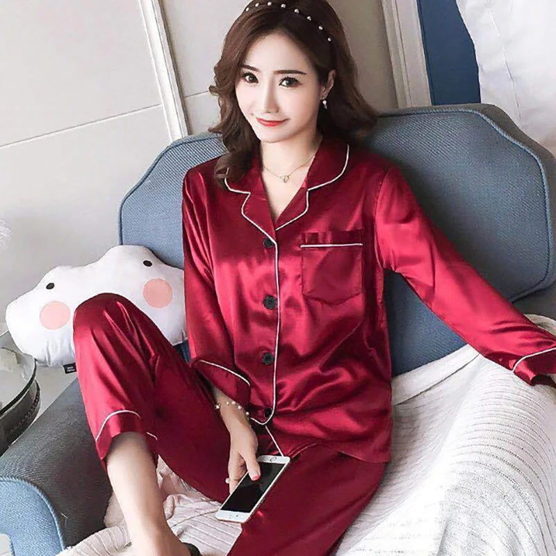 Satin Lapel Button Women Pajama Set