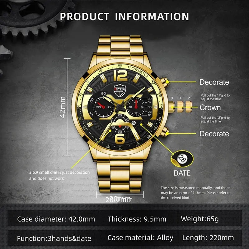 Men's Fashion Watch Set with Necklace & Bracelet (5pcs)