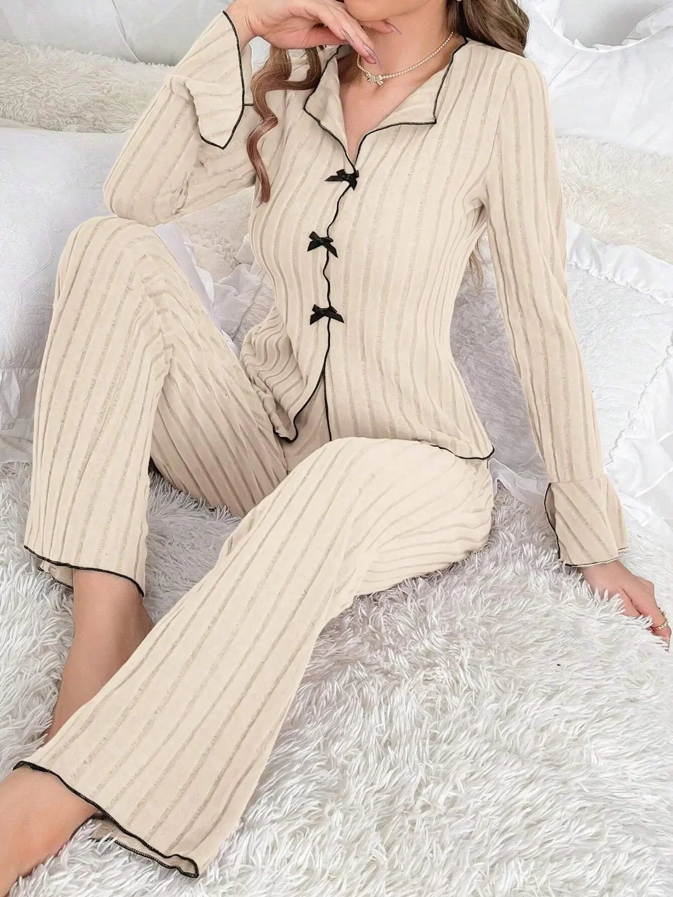Flannel Bow Women Pajama Set