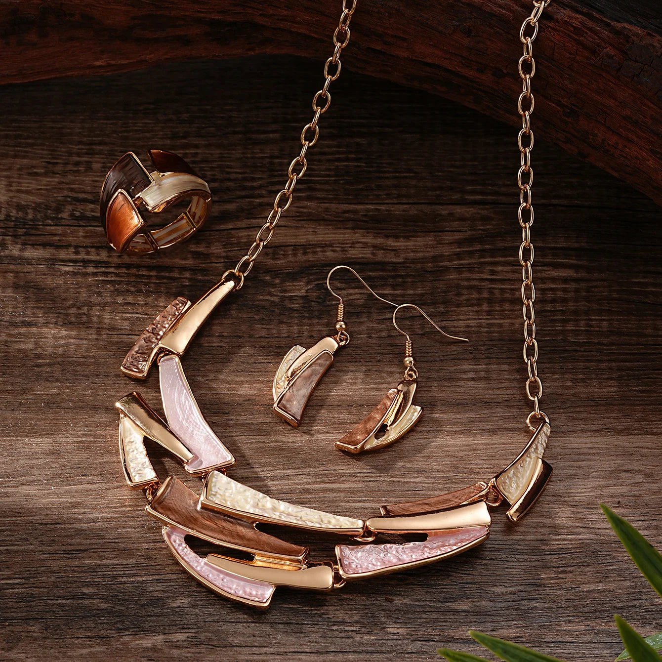 Women's Vintage Gold Necklace Earring Ring Set