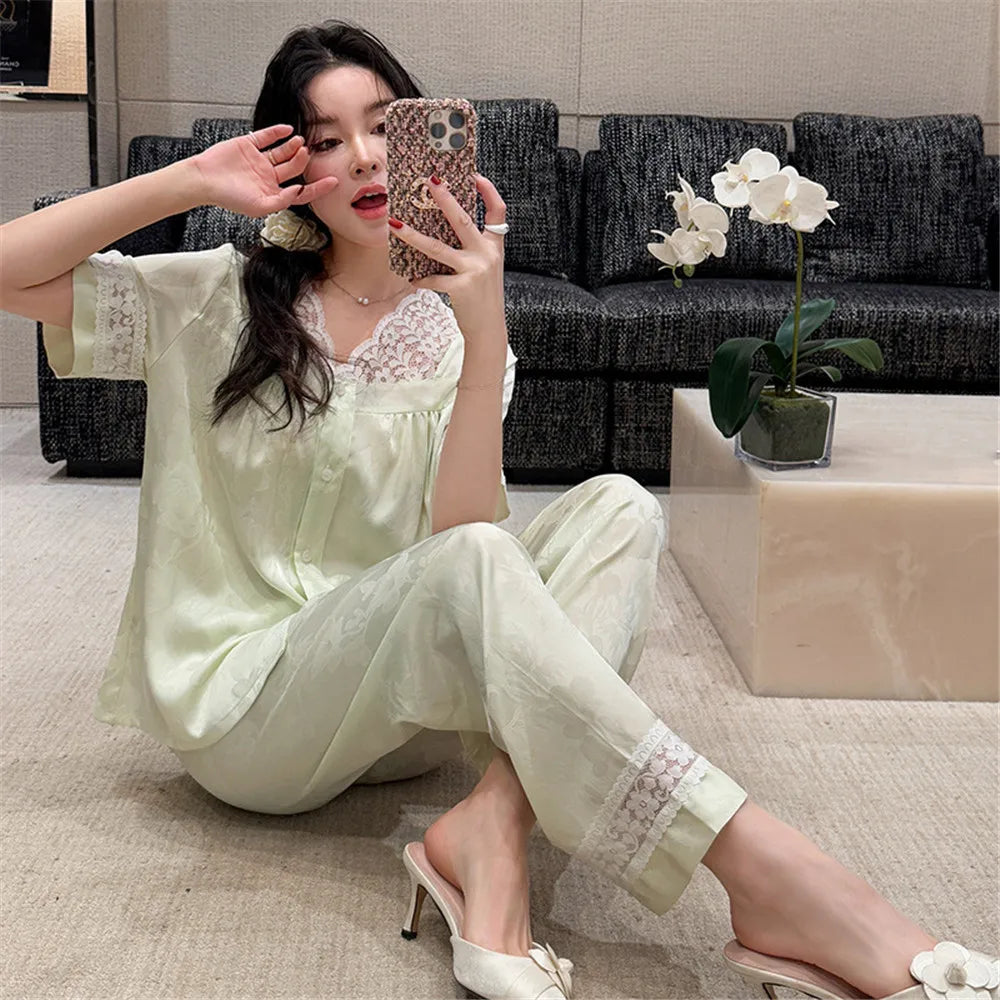 Lace V-Neck Satin Women Pajama Set
