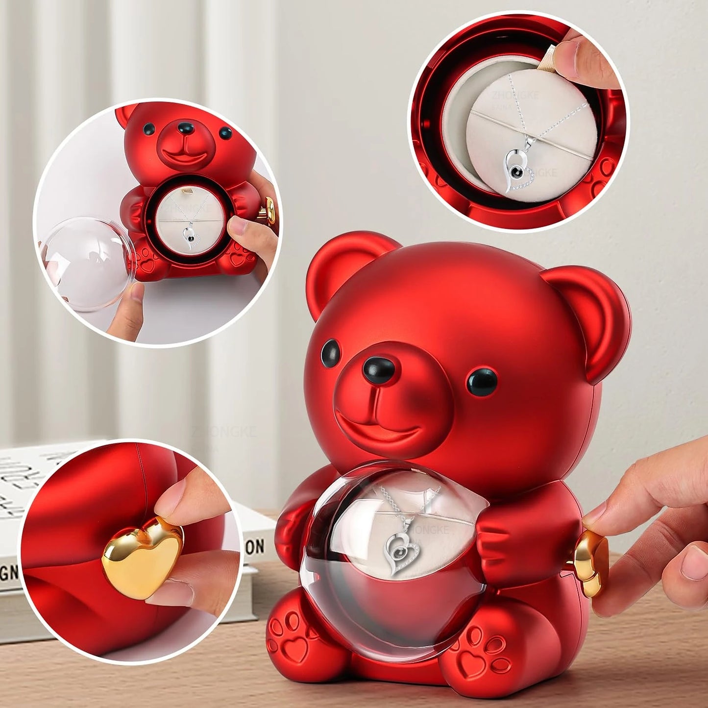 Teddy Bear Rose Jewelry Box Necklace Gift