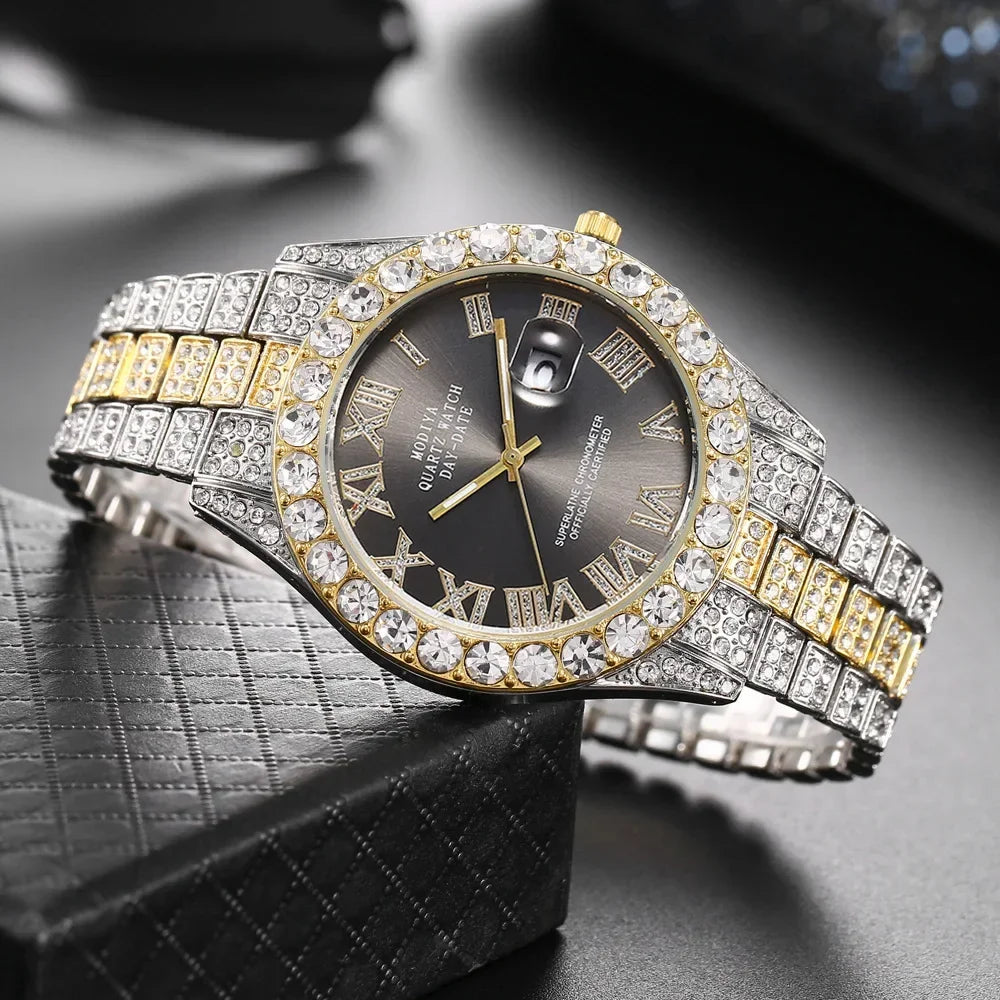 Men's Gold Diamond Rhinestone Quartz Watch