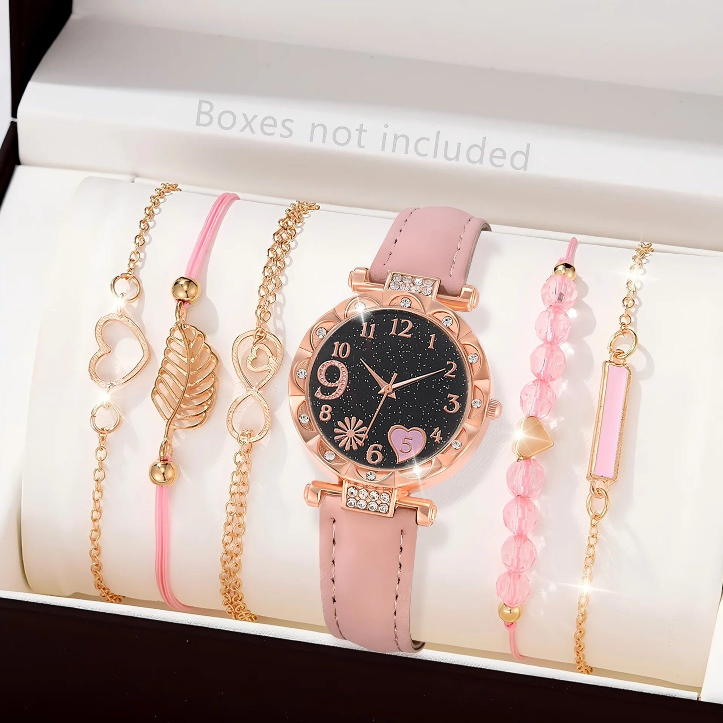Women's Leather Quartz Watch & Bracelet Set (6pcs)