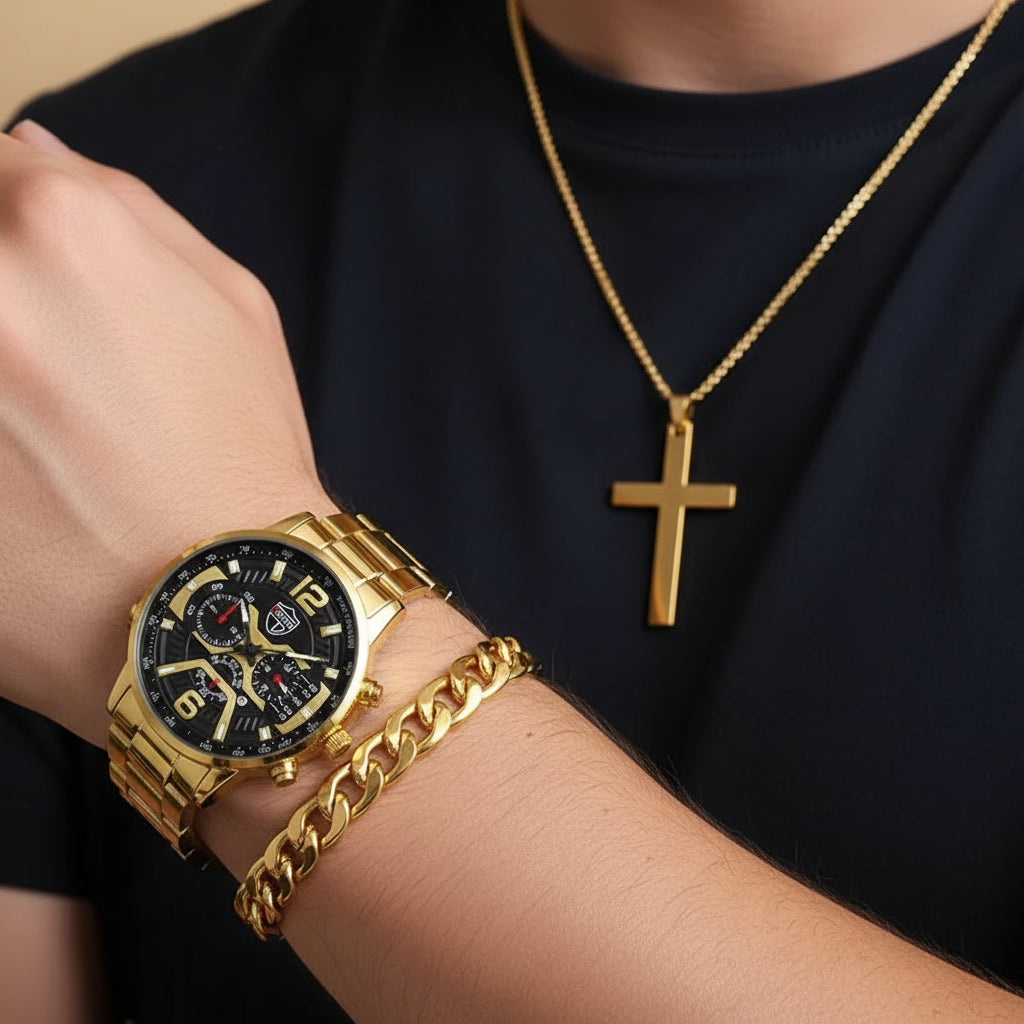Men's Fashion Watch Set with Necklace & Bracelet (5pcs)