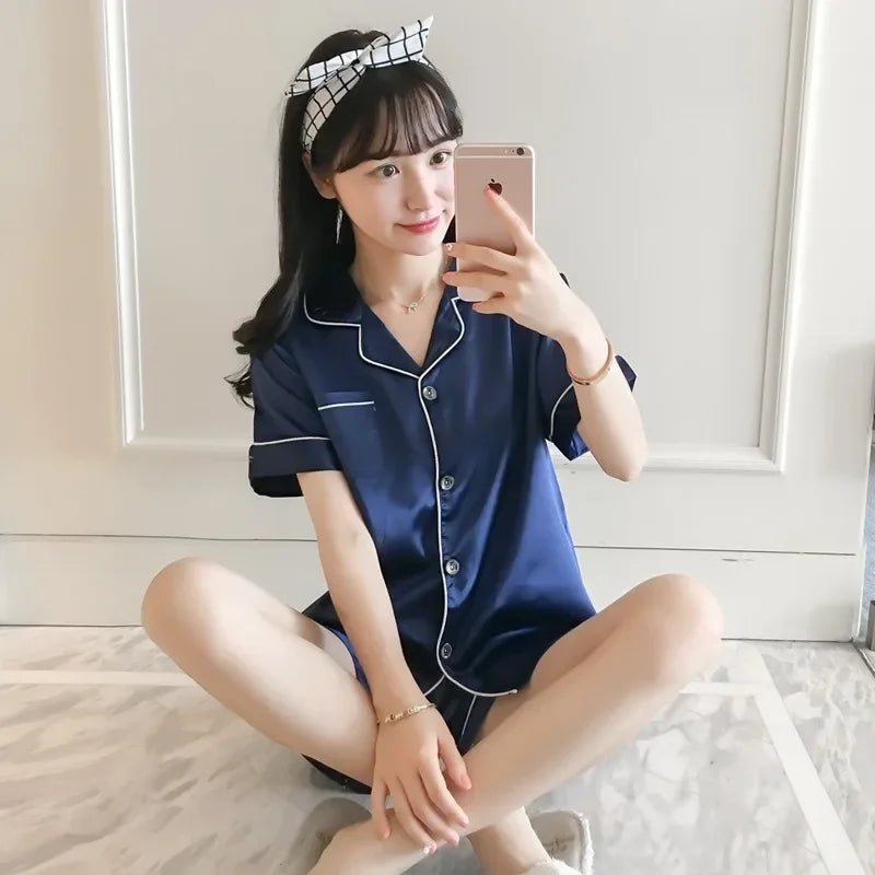 Ice Silk Cardigan Women Pajama Set