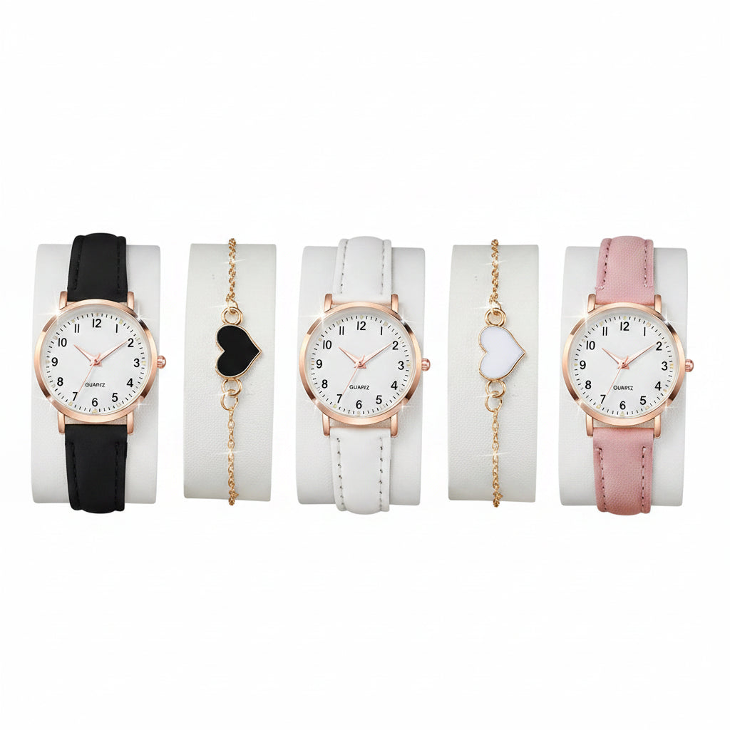 Women's Leather Watch & Heart Bracelet Set (4-6pcs)