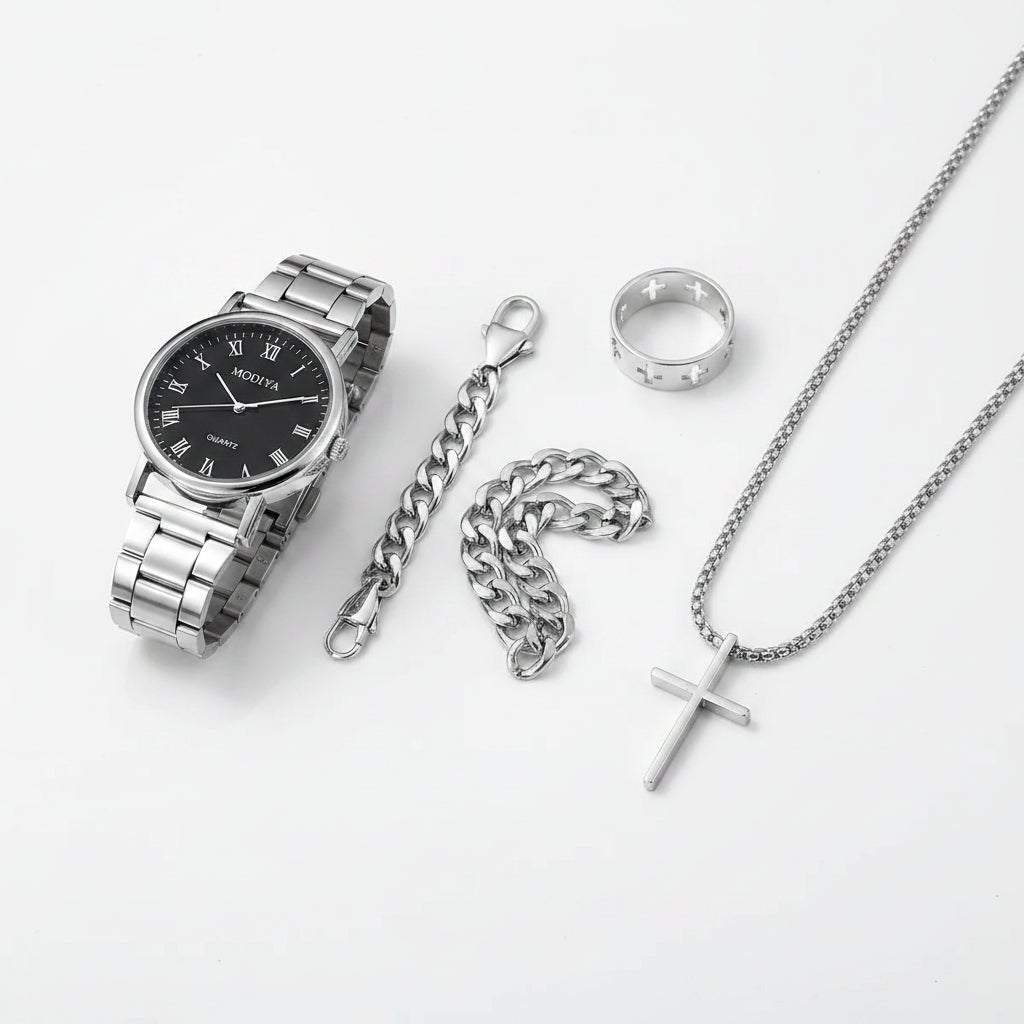 Men's Roman Dial Watch & Jewelry Set (4pcs)