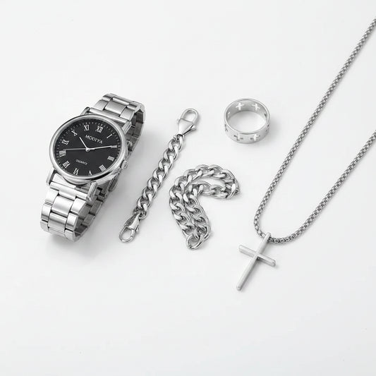 Men's Roman Dial Watch & Jewelry Set (4pcs)