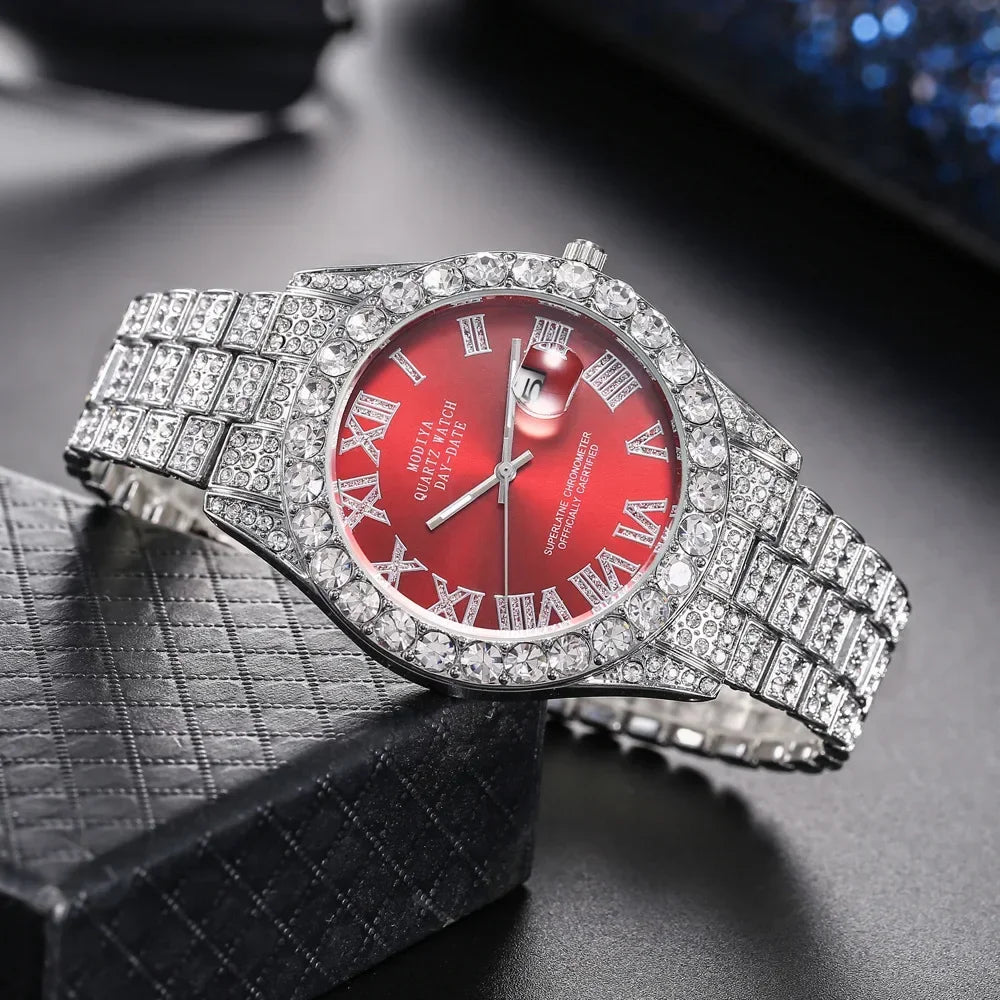 Men's Gold Diamond Rhinestone Quartz Watch