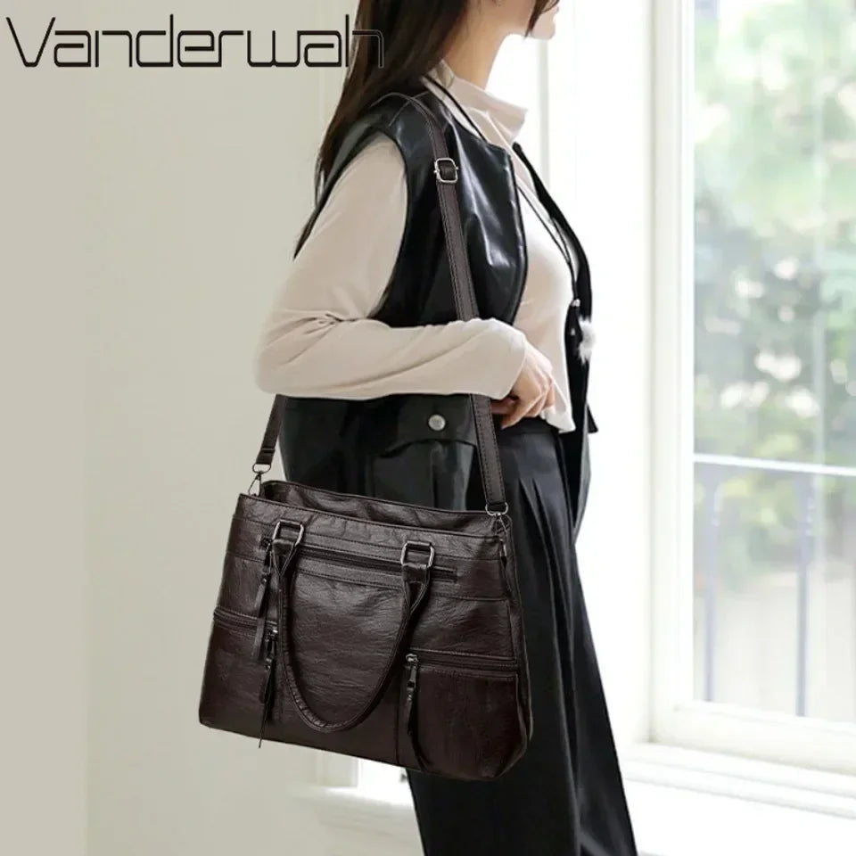 Leather Top-Handle Crossbody Tote