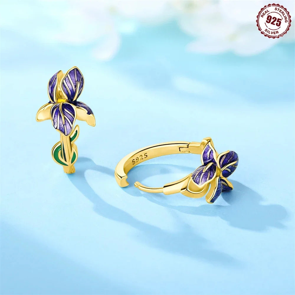 Women's S925 Silver Iris Flower Hoop Earrings