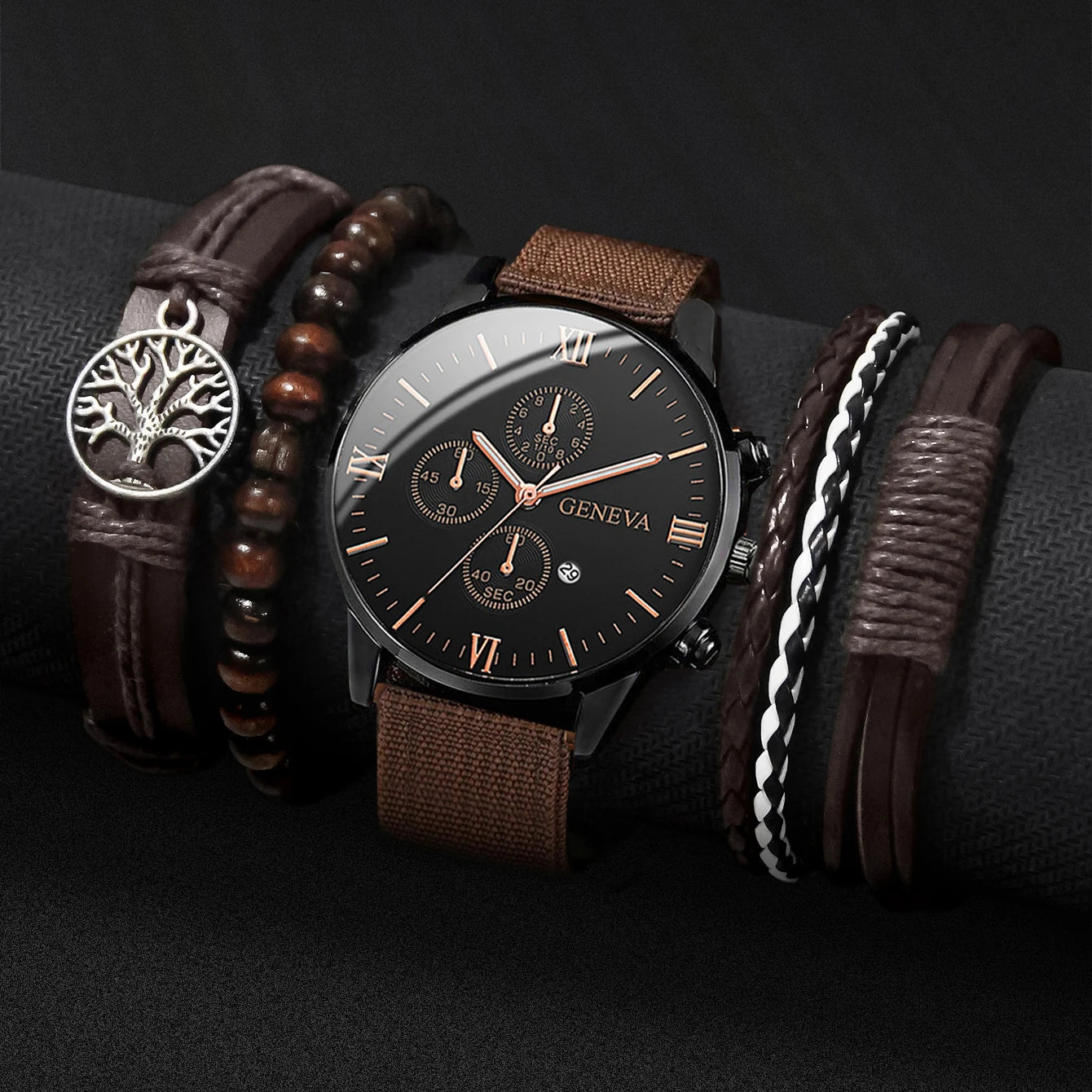 Men's Quartz Watch & Bracelet Set (4-5pcs)