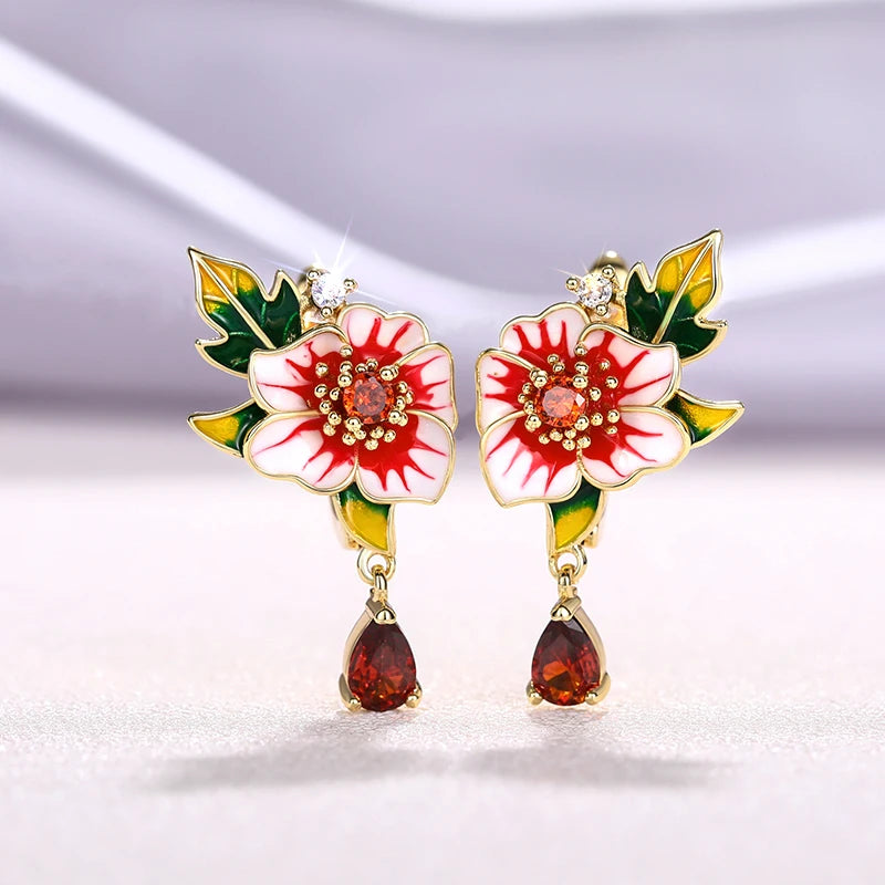Women's Enamel Flower Drop Earrings Wedding