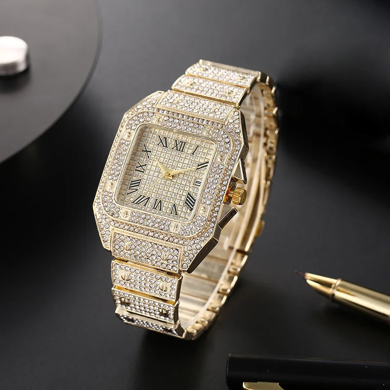 Men's Classic Square Rhinestone Steel Quartz Watch